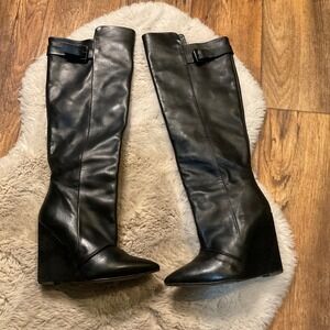 Zara Boots Leather Knee High Size 38 7.5 Pointed Toe Block Wedge Heel Womens
